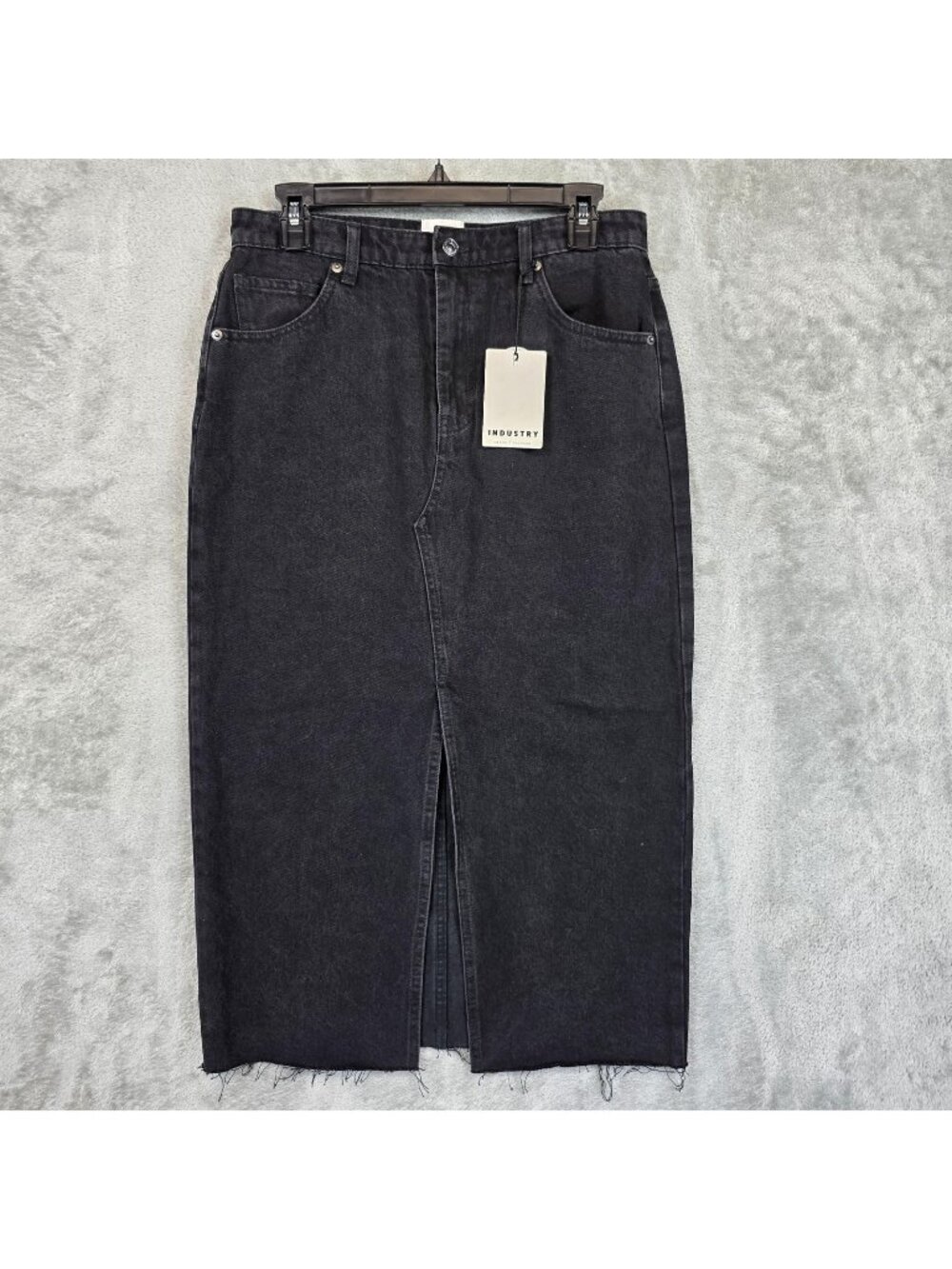 Industry Skirt Womens 8 Black Denim Pencil Long High Rise Front Slit Raw Hem